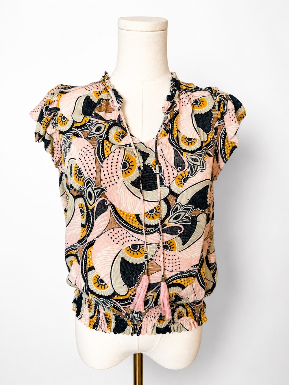 Rose + Olive Small Boho Paisley Flutter Sleeve Tassel Tie Blouse